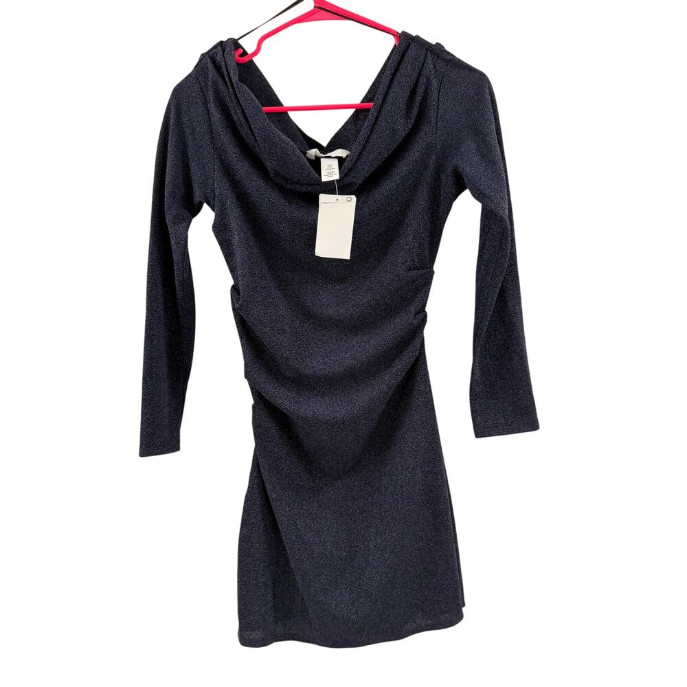 H&M Dress SZ Small NWT Lurex Navy Glitter Holiday Mini Bodycon Off The Shoulder